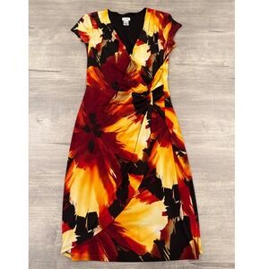 Vintage 90s Cache Women's V Neck Bright Abstract Red Floral Dress Stretch Wrap M